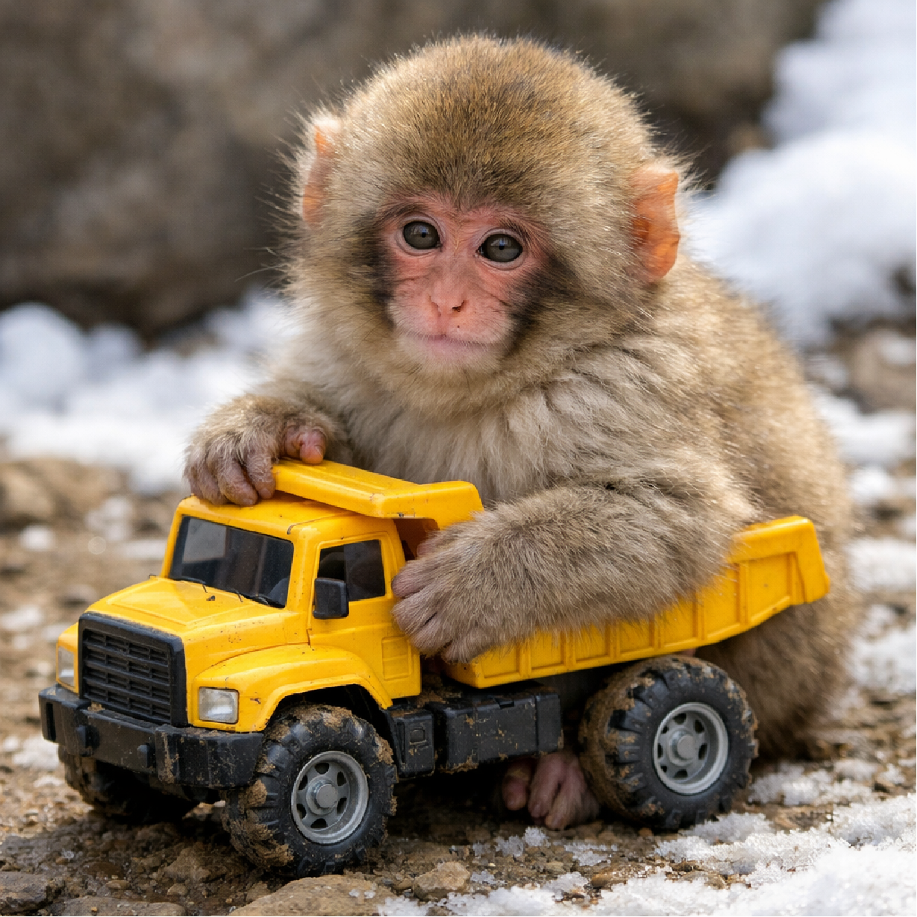 Baby Japanese mountain monkey with toy truck